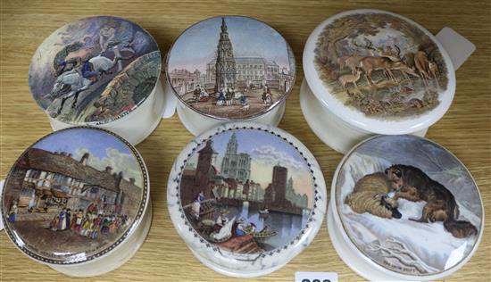 Six Prattware pot lids and bases, including Eleanor Cross, London (194), Tam OShanter (347),
